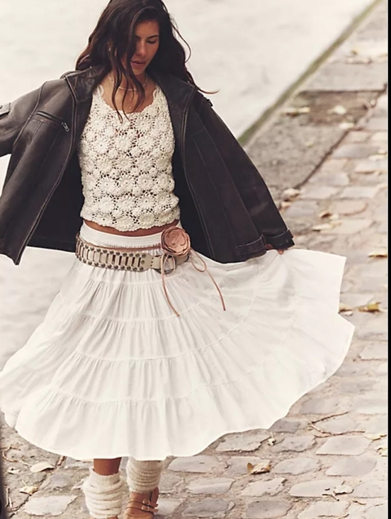 Free People Dresses & Skirts - Free People Cream White Tiered Midi Skirt Size Medium